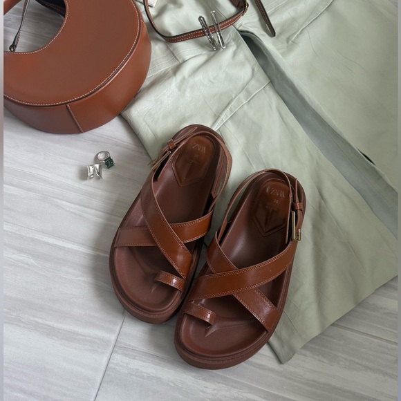 Zara Chestnut Leather Sandals with Buckle - Picture 2 of 6